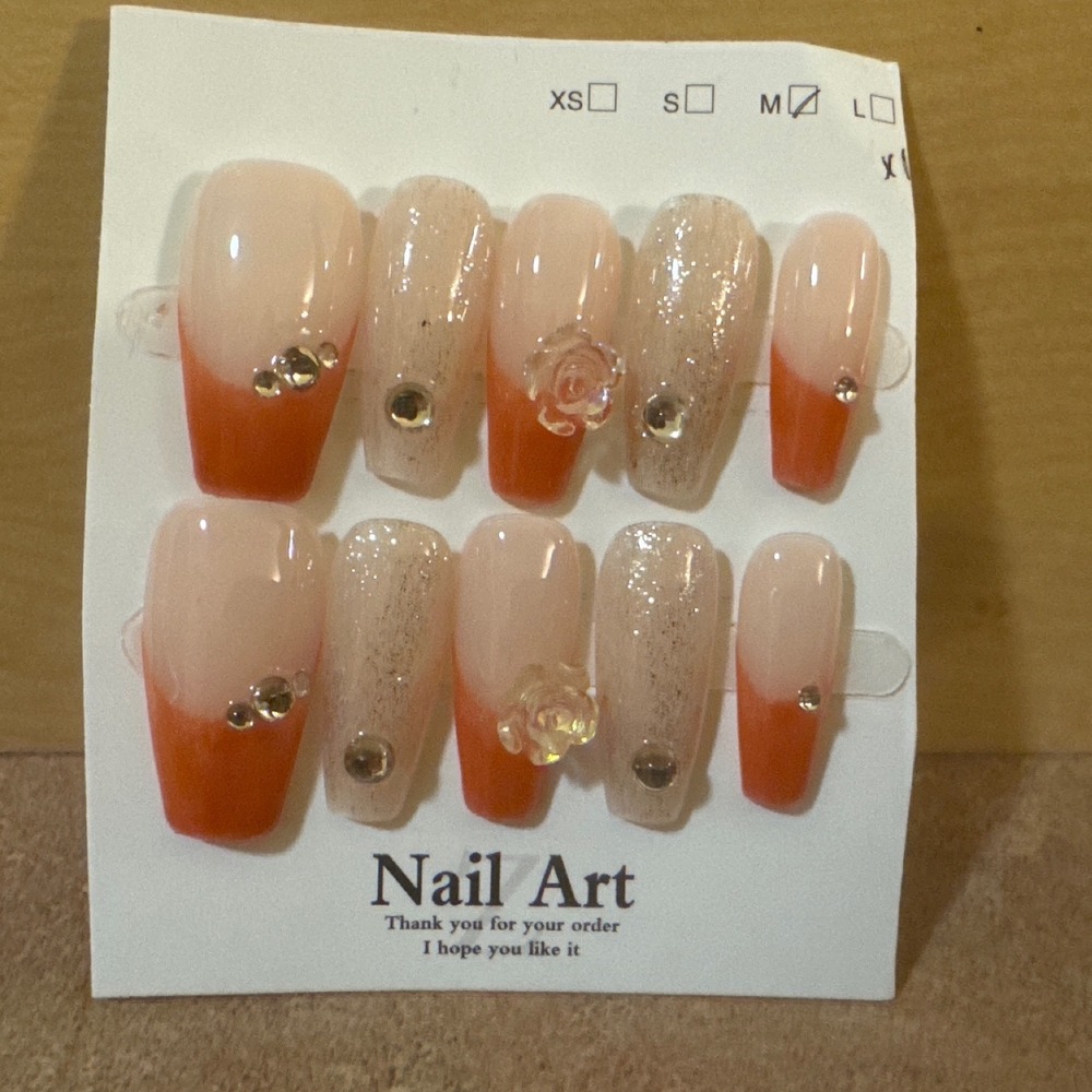 Orange French Tip Press On Nails 3D Flower Rhinestone Glitter Long XL